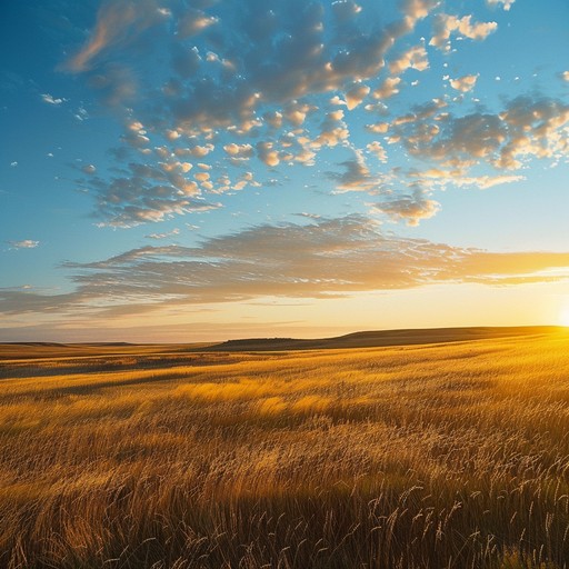 Picture a serene sunrise over a vast prairie landscape, with gentle acoustic guitar melodies and soft harmonica tones creating a calming, introspective atmosphere. The music evokes images of a cowboy riding across the open plains, reflecting on life's simple pleasures and the beauty of nature.