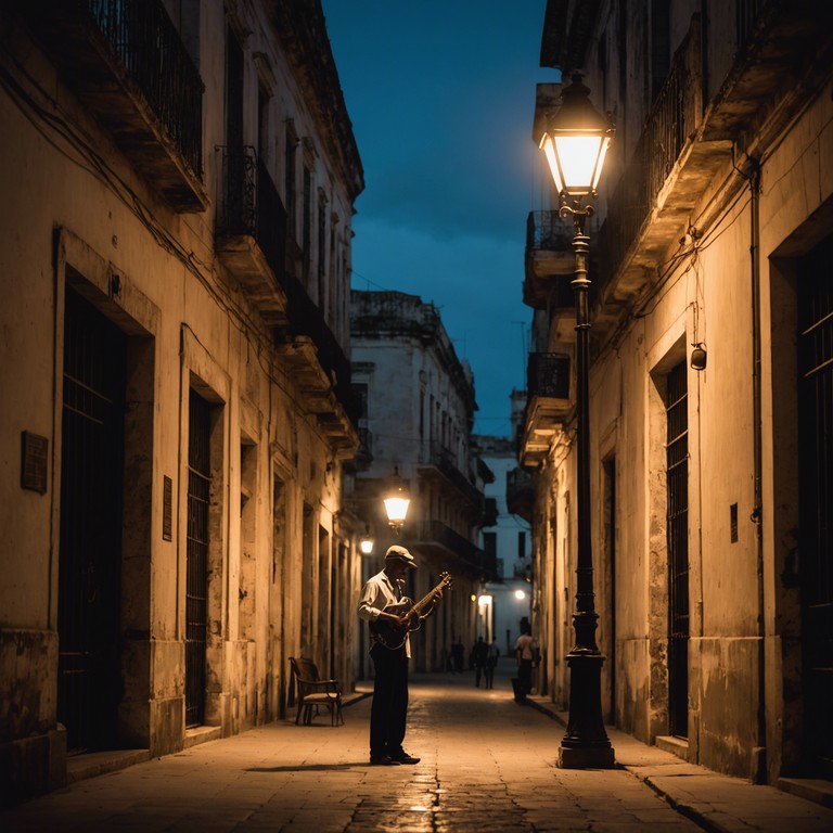 Imagine a serene evening in old havana, where the joyous beats of cuba meet the deep reflective tones of an acoustic guitar, illustrating a narrative of personal reflection amidst cultural festivity.