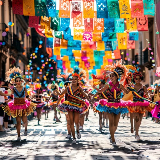 This instrumental piece captures the essence of a lively brazilian street carnival, featuring rapid rhythms and vibrant melodies. The samba beat invites a joyful celebration, transport listeners to a colorful parade where dancers move with exuberant energy, and the air fills with the sounds of festive instruments, all accentuating the essence of a grand brazilian festival.