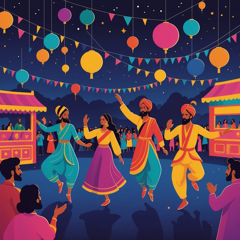 This track blends contemporary electronic rhythms with classic bhangra beats, enhanced by melodious dhol beats and an atmosphere charged with joyful dance vibes. The music captures the essence of a vibrant punjabi festival under a starlit sky, ideal for energetic dance moves and uplifting the spirits.