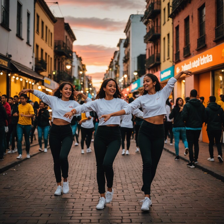 This track features a dynamic fusion of classic colombian cumbria rhythms with contemporary electronic elements, capturing the essence of a lively sunset dance party in the heart of bogotá. The music swirls with festive beats, as if the streets themselves are dancing.