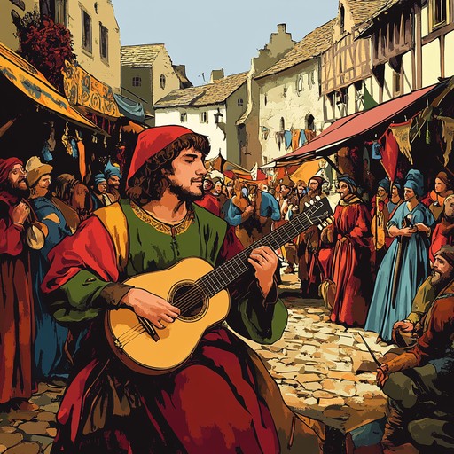 An exhilarating instrumental troubadour piece featuring swift lute melodies, rhythmic percussion, and uplifting harmonies that evoke the excitement of a medieval festival.