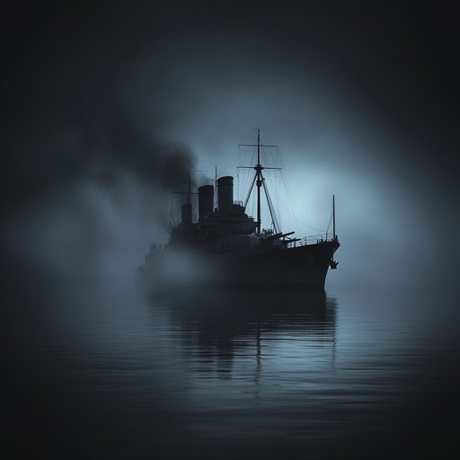 Invoke the spectral presence of a ghostly russian naval vessel navigating through treacherous, fog laden waters. The sound of an ancient ship creaking, mixing with echoing footsteps and distant foghorns, creates a chilling atmosphere. The composition leverages haunting piano notes with subtle orchestral undertones for an unsettling, immersive experience.