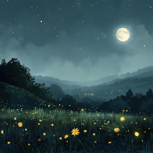 This musical piece captures the essence of nighttime serenity, where tender melodies resonate in the background of a moonlit meadow, offering comfort and a calm space for little listeners to drift away to dreamland