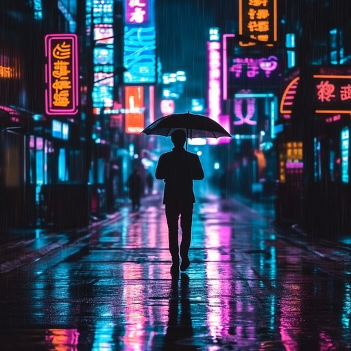 An instrumental synthwave piece featuring lush synthesizers and driving rhythms that capture the emotional essence of a lone wanderer in a neon lit cyberpunk world.