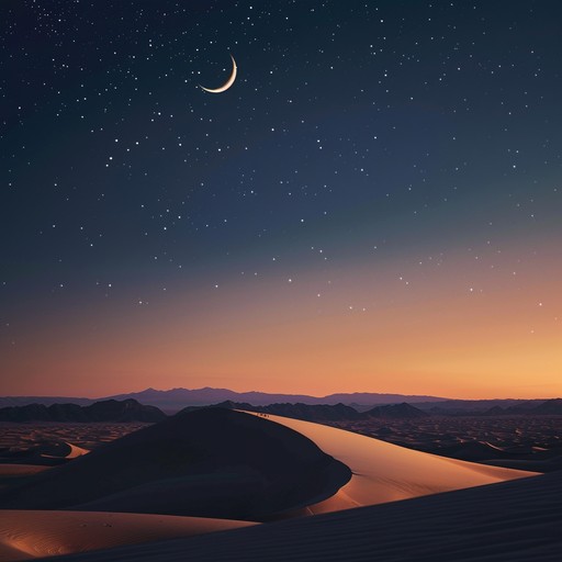 Gently blending traditional middle eastern melodies with modern atmospheric sounds, this instrumental track transports listeners to a serene desert night under a crescent moon. The piece features ethereal ambient textures interwoven with the soulful tones of a traditional oud, creating a tranquil and mystical experience.