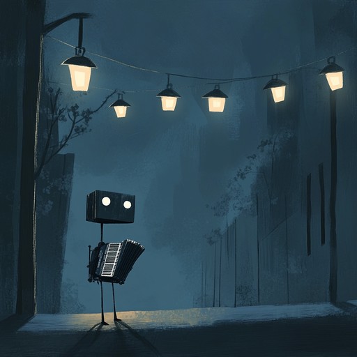 An instrumental piece featuring accordion melodies, portraying a lonely robot wandering silent city streets under the moonlight. The music combines playful and melancholic tones, evoking feelings of solitude with a touch of whimsy.