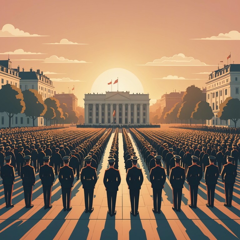 This instrumental piece aims to capture the spirit of valor and honor seen in military parades, underlined by a strong, majestic theme that evokes a sense of pride and discipline. The composition is repetitive in structure, symbolizing the precision and order of military life, with climactic brass and drum interludes that convey the grandeur of ceremonial pomp.