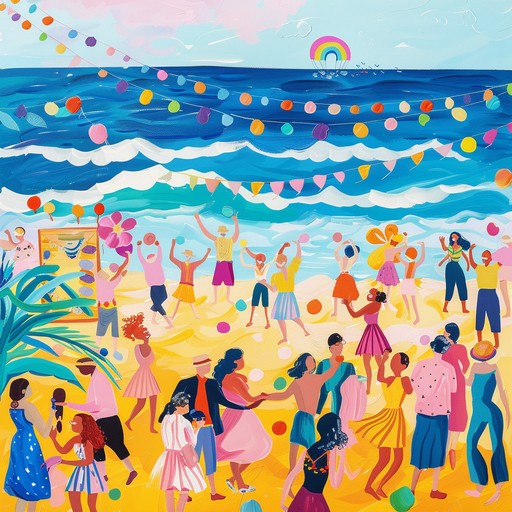 Picture a tropical beach full of life, with people grooving to ecstatic latin beats. The music combines vibrant guitar plucks with energetic percussion, crafting an enchanting melody that embodies the spirit of a lively coastal celebration. Perfect for evoking a carefree and jubilant scene that inspires dance and happiness.