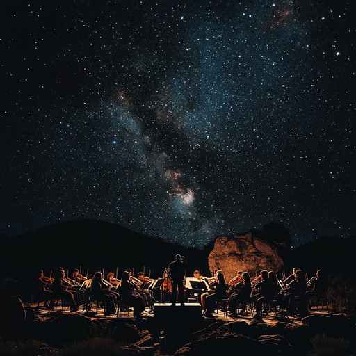 A dynamic instrumental blending orchestral elements with rock, creating an epic cosmic journey. Electric guitar riffs punctuate sweeping strings, brass, and powerful percussion, capturing the energy and awe of space exploration. The blend of genres offers an exhilarating auditory experience.