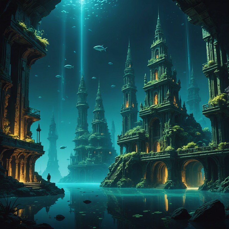 Dive into an immersive experience as echoes of a harp blend with ethereal waves, crafting a soundscape that transports listeners to mythical underwater cities, swirling with mystery and draped in the luminescent glow of ancient treasures.