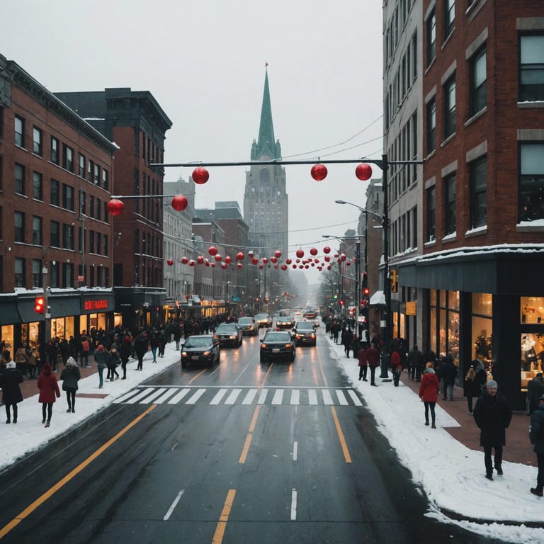 Imagine streets lit up with holiday decorations as fast paced, drum n bass beats echo through the snowflakes, creating a soundtrack for city dwellers celebrating the holiday season in the metropolitan buzz.