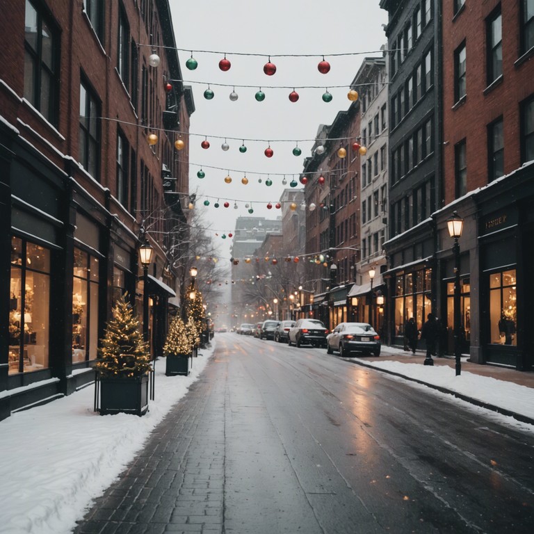 A track that blends the bustling energy of city life with the warm, sparkling atmosphere of the holiday season, capturing the essence of winter in a metropolitan setting. The melody is characterized by the smooth and reverb rich tones of an electric guitar, overlaid on a background of light urban beats and occasional jingle bells, reflecting a journey through a festive cityscape at night. The song progresses from a more mellow, introspective beginning to an uplifting and lively middle, then winds down into a cozy, serene finale, simulating the feeling of returning home after a joyful evening out.