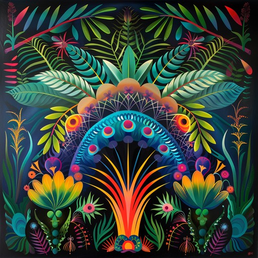 A high-energy drum and bass track featuring rapid, syncopated breakbeats and deep, pulsating basslines. Swirling, psychedelic synth pads and mysterious ambient sounds create an immersive, trippy atmosphere, evoking the feeling of being lost in a surreal, futuristic jungle. Occasional glitchy, distorted effects add to the mind-bending, disorienting vibe