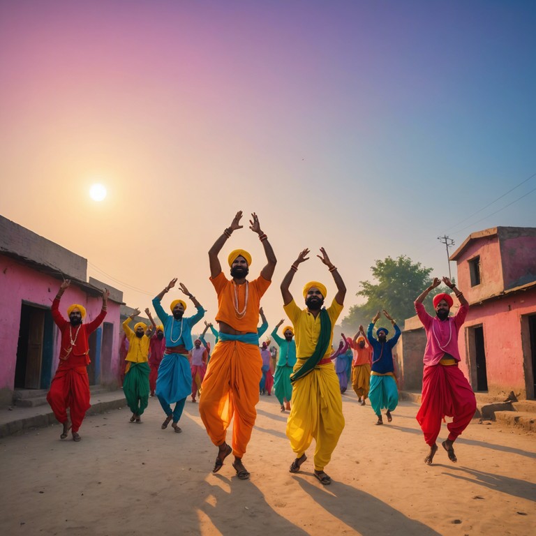 This song uses traditional bhangra instruments and modern beats to create an uplifting and invigorating track that embodies the essence of joyful celebration and relentless positivity. The piece starts with a powerful dhol beat, quickly joined by eclectic rhythms that encourage an atmosphere of hope and triumph. It's perfect for starting a day with energy or uplifting any environment.