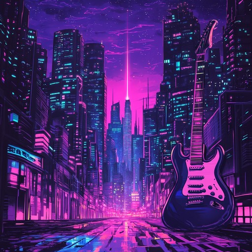 An instrumental track blending retro synthwave melodies with aggressive heavy metal guitar riffs, creating a futuristic and powerful soundscape that energizes listeners.