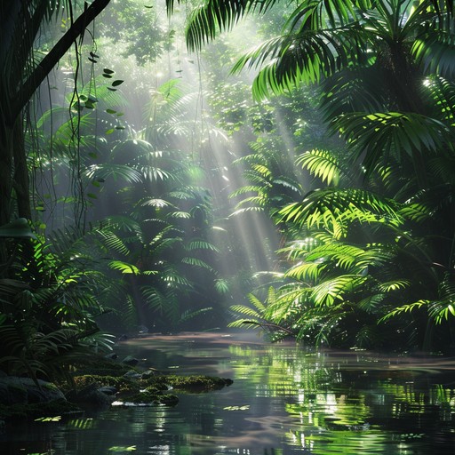 Experience a tranquil journey through a rainforest, where gentle ambient synths blend seamlessly with the unusual sounds of rainforest wildlife. This piece features a delicate balance of electronic and organic elements, creating a serene yet otherworldly atmosphere that soothes the soul.