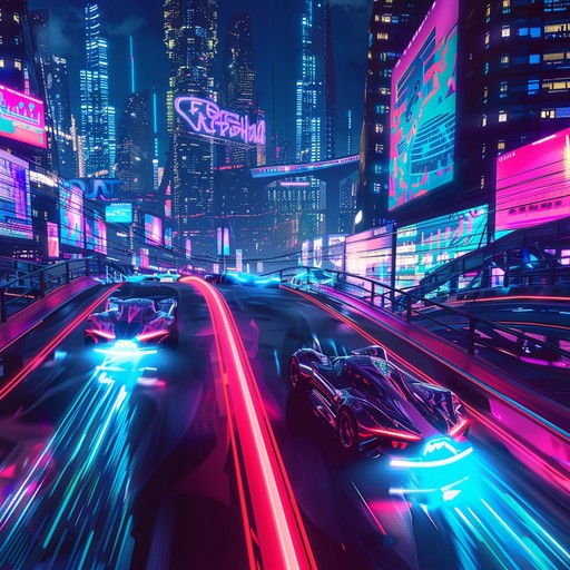 Immerse in a high octane chase through neon lit cyberpunk streets. Heavy synths and relentless beats drive the energy of a dark, futuristic cityscape, filled with the relentless pace of an underground race