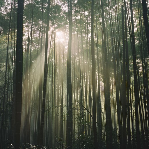 Experience the serene whispers of a peaceful bamboo forest, where the shakuhachi flute's soft notes harmonize with the ambient sounds of nature. This instrumental piece blends traditional asian musical elements with the soothing ambiance of a natural environment, fostering a serene and calming experience ideal for unwinding or meditation.