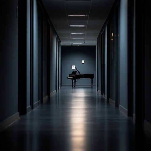 A lone piano weaves hauntingly beautiful tunes, echoing through the dim, deserted corridors of an office building after hours. The soft, repetitive, and subtly intricate piano lines create an eerie atmosphere of desolation and implied narratives, as if the piano itself mourns the vanishing whispers of bygone conversations.