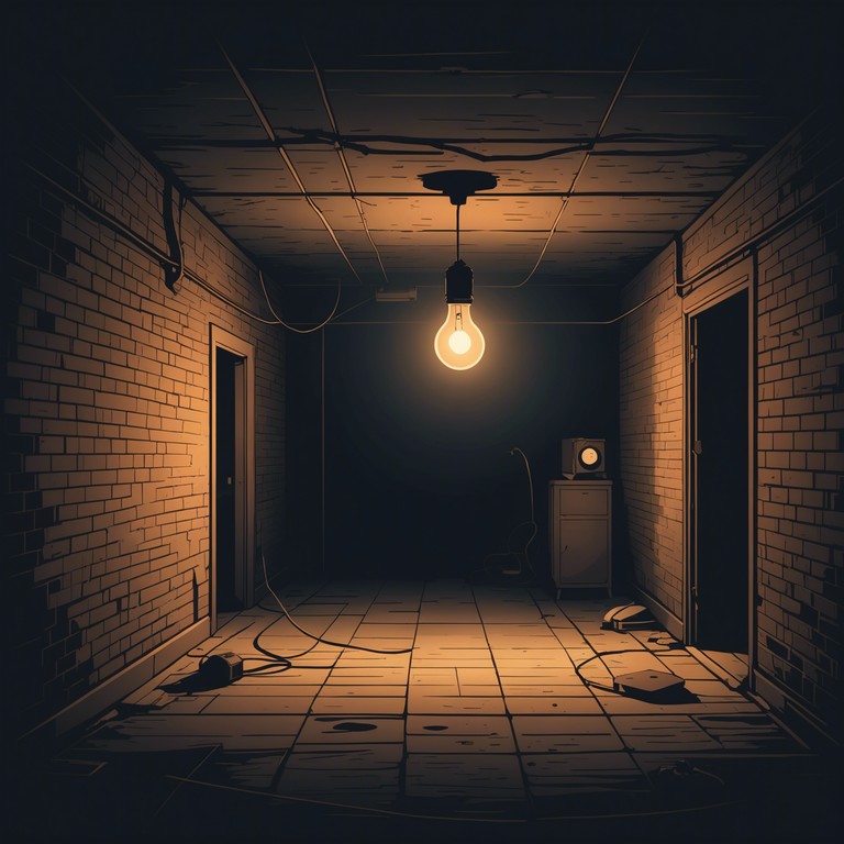 An instrumental track that captures the essence of a secretive, dimly lit basement with echoing synthesizer sounds and soft, barely audible whispers creating a chilling atmosphere. The piece builds slowly, enveloping the listener in a cocoon of mystery and slight unease, perfect for a suspenseful or horror themed project.