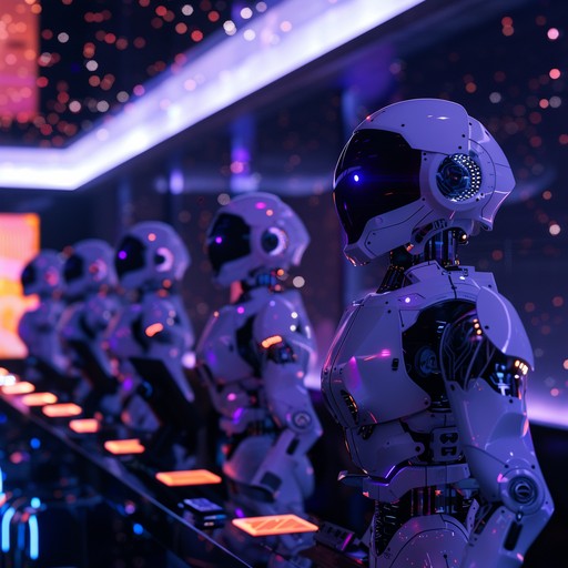 In a distant future, a group of robots with advanced ai capabilities gather at an interstellar junction to unwind. Their movements synchronize with pulsating beats, creating a dazzling audio visual symphony that resonates through space.