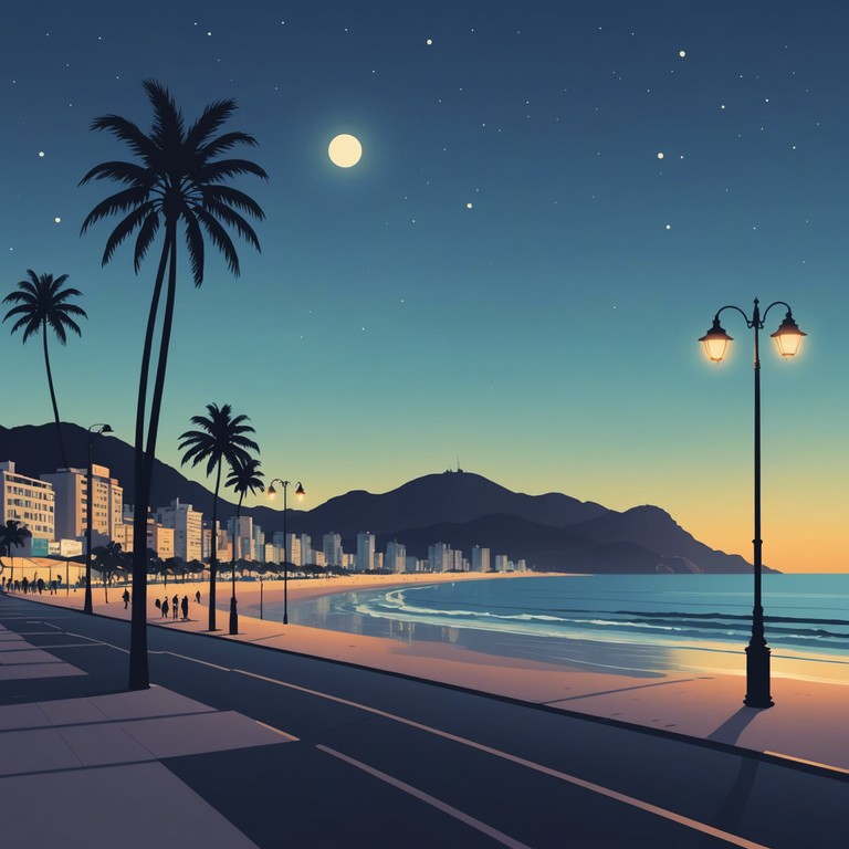 Feel the gentle breeze of the brazilian shore as melancholic tones of a guitar blend with the soft samba rhythms under a stunningly colorful sky, invoking a deep emotional connection with the beautiful landscapes and heartwarming tales of rio.