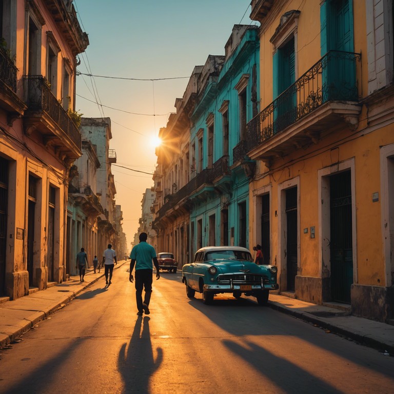 This piece combines spirited afro cuban percussion with the mellow tones of evening in havana, blending energetic beats with the calmness that accompanies a sunset. The music captures the essence of dancing shadows and soft, fading light in a cuban landscape, providing an invigorating yet soothing auditory experience.