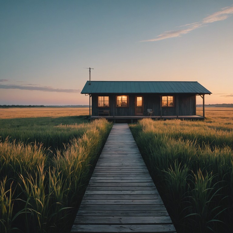 Imagine sitting on a porch overlooking vast fields, the air filled with the scent of rain and earth, as gentle guitar notes blend with this peaceful setting, evoking feelings of comfort and nostalgia.