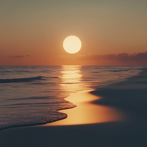 A serene bossa nova piece evoking the calm of twilight at a beachfront, featuring gentle rhythms and occasional sounds of waves crashing softly, perfect for introspection and relaxation