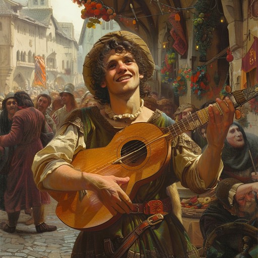 An inspiring and joyful instrumental track featuring the troubadour's lute and the enchanting sounds of flutes, capturing the essence of medieval festivities and celebrations. Perfect for evoking a cheerful and historical atmosphere.