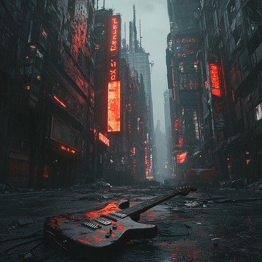 In dystopian city echo, a post apocalyptic world meets the gritty sounds of grunge, amplified by futuristic synth layers. Distorted electric guitars drive the dark narrative, while ethereal soundscapes paint a picture of a world simultaneously falling apart and rebuilding. The music dynamically oscillates between raw intensity and haunting melodies, embodying the clash and fusion of eras.