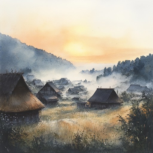 As dawn breaks over a sleepy village, the gentle melodies played by a solitary flute embody the tranquility and slow awakening of the countryside. Birds chirp softly in sync with the rhythmic yet calming tune that tells a story of timeless rural life, blending seamlessly with the natural sounds of the awakening day.