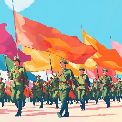 An uplifting and spirited composition filled with bright brass sounds, rhythmical marching beats, and exuberant melodies, capturing the triumphant essence of a victorious military parade. Enthusiastic and powerful, the music evokes images of flags waving, proud soldiers marching, and joyous crowds cheering in unison, highlighting the euphoria of a hard earned victory.