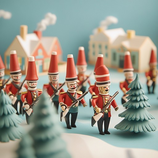 Picture a lively parade of toy soldiers with a cheerful, buoyant march that infuses a sense of playful exuberance and childlike wonder into a military structure. Light percussion blends with whimsical melodies, creating an imaginative and engaging auditory scene.