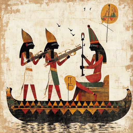 A lively and whimsical drum and bass composition incorporating ancient egyptian instruments and melodies, evoking a playful journey along the nile