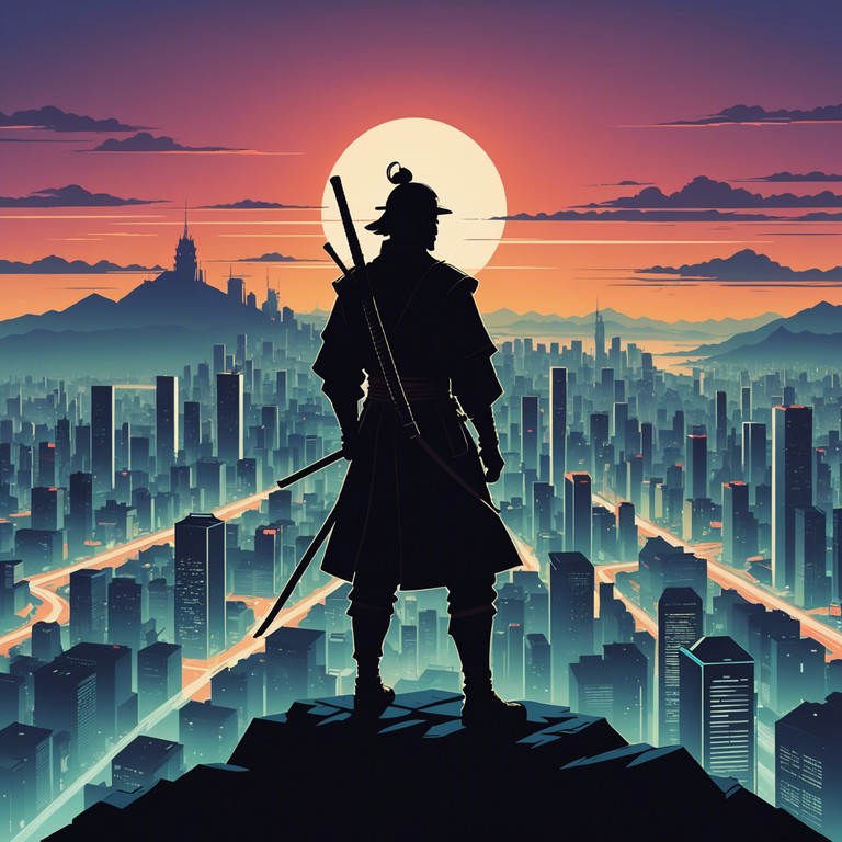 Journey through a neon lit world where tradition meets futurism, captured through the evolving melodies of a synthesizer blending with echoes of ancient japan. This music paints a vivid picture of a samurai’s quest woven through the bustling, radiant streets of a future city, bridging the past and the future in harmonious synchronization.
