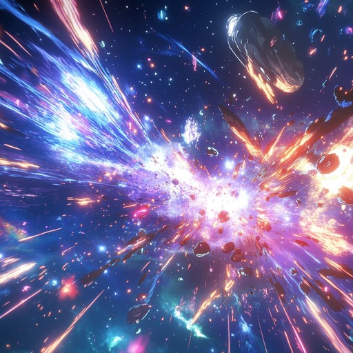 An electrifying anime piece capturing an intense cosmic battle, listeners are submerged in a whirlwind of emotions, with pulsating rhythms and soaring melodies conveying a sense of urgency and heroism. Thrilling crescendos meet delicate interludes, mirroring the anime’s clash of powerful characters and their unyielding spirits in a celestial arena