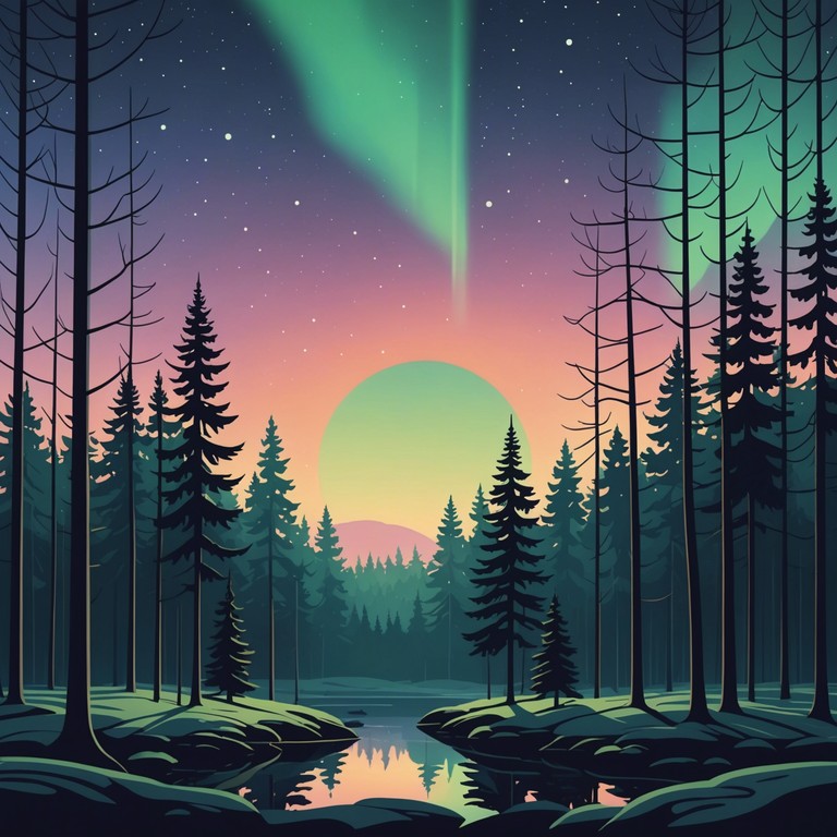 Imagine a tranquil night beneath the finnish sky, embraced by the celestial dance of the northern lights, where serene harp strains gently craft an atmosphere of quiet introspection and spiritual connection.