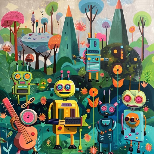 Visualize a group of robots dancing frenetically to a strange, unpredictable symphony. The music takes playful twists and turns, featuring quirky beats and electronic sounds that create a weird and wonderful atmosphere. The erratic rhythm keeps the energy high and the fun continuous.