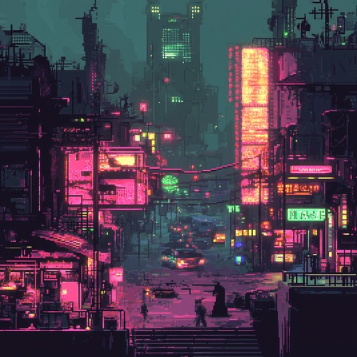 This track will convey the feeling of walking through a bustling neon lit cyberpunk city. It will incorporate digital synths to emulate the glowing signs and dynamic city life.