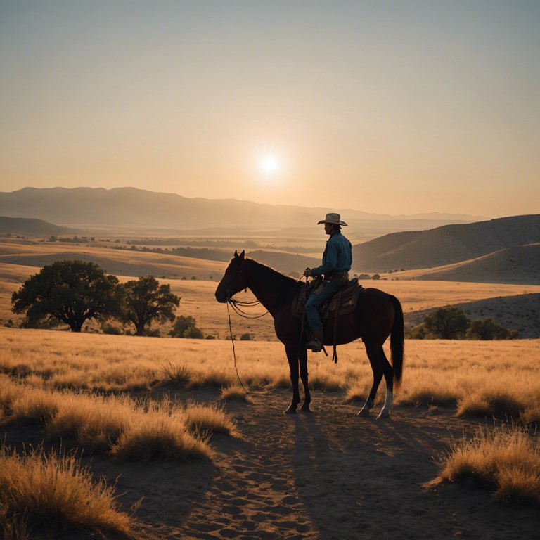 As the light diminishes over the horizon, a cowboy riding his faithful horse reflects on past journeys and the solitude of his life, conveyed through the soulful sound of a harmonica playing a melancholic melody.