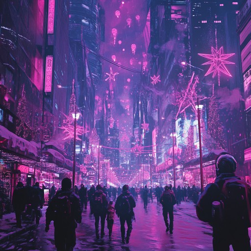 Bright synth melodies paired with driving basslines and rapid electronic rhythms, creating a high energy atmosphere that feels both futuristic and festive. Pulsating beats and shimmering synths evoke a neon lit cityscape, perfect for a cyberpunk celebration. Layered textures give depth, while the constant momentum keeps the vibe exhilarating!