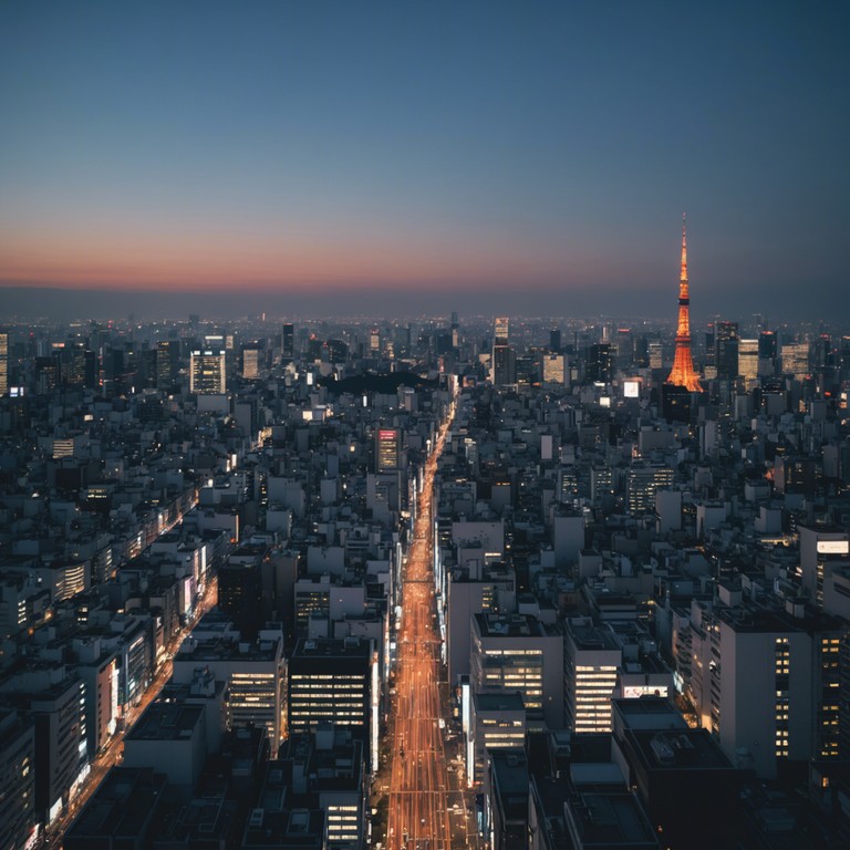 This track combines ethereal synth patterns with laid back beats, capturing the essence of a tokyo sunset transforming into a vibrant nightlife scene. The sound is characterized by a melding of mellow electronic pulses with a dreamlike quality that transports the listener to a serene, urban escapade.