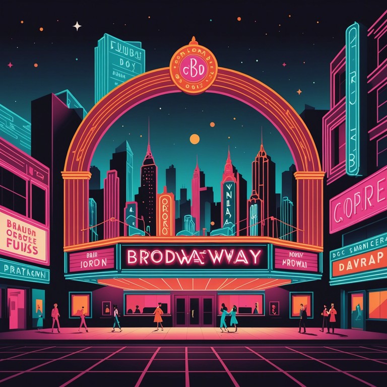 Envision a broadway production where each scene is underscored by a trippy, psychedelic musical arrangement, combining traditional theatrical elements with unexpected, surreal soundscapes created by a vintage synthesizer. This composition showcases a blend of dramatic broadway styles with hallucinogenic auditory experiences, ideal for an avant garde theater production or an experimental film soundtrack.