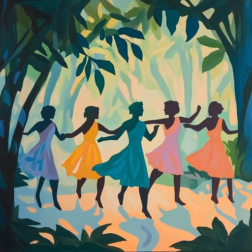 Energetic, rhythmic beats and chants evoke joy and connection with nature in a vibrant, sunlit jungle setting. Carefree dancers move in harmony with the natural sounds around them