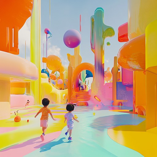 A vibrant track featuring energetic and whimsical beats with playful sound effects, capturing children's joyful and imaginative play in a colorful digital wonderland.