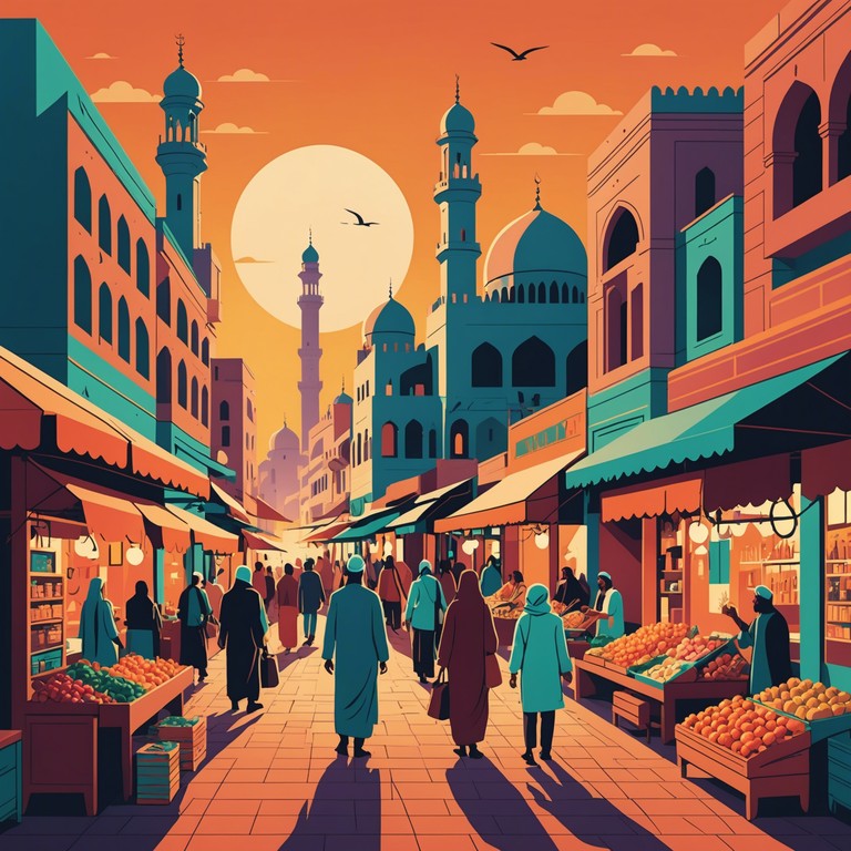 A vibrant track that intertwines the energetic beats of modern dance music with the traditional sounds and instruments of the middle east, creating an exhilarating soundscape that feels both ancient and contemporary. Oud melodies and percussive rhythms drive the piece forward, invoking images of bustling souks and vast, mystic deserts under starlit skies.