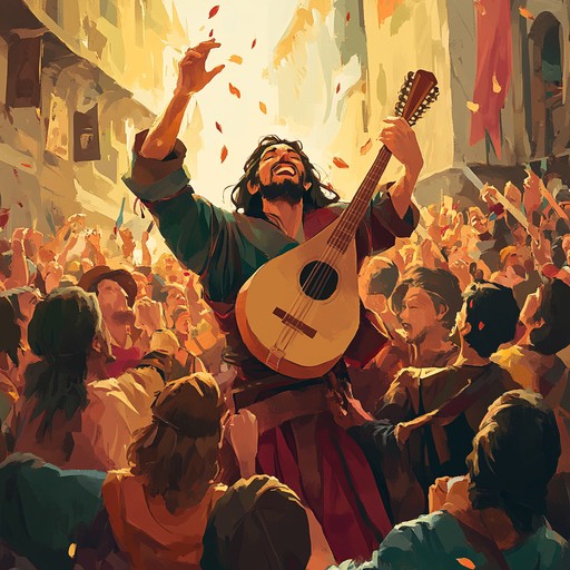 A high energy instrumental piece inspired by medieval troubadour music, featuring frenzied lute playing and unpredictable rhythmic patterns that evoke the chaos of a bustling medieval festival.