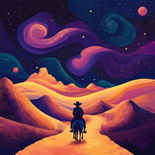 An instrumental piece that combines traditional country guitar melodies with ambient psychedelic effects, creating a surreal journey through desolate landscapes under starry skies